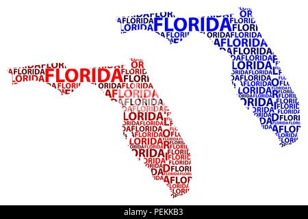 Sketch Florida (United States of America, The Sunshine State) letter text map, Florida map - in the shape of the continent, Map Florida - red and blue Stock Vector