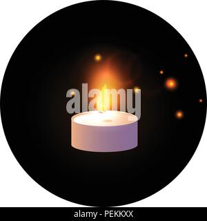 One Candle glowing. Vector illustration isolated on black round, sticker background. Stock Vector