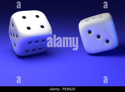 Dice Photo. Double dices are throwed and on move. Dynamical Photo of Two Dices on blue table. Stock Photo
