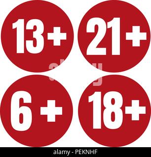 Limit age icon on red background. Icons age limit from six to twenty-one, vector flat illustration. Stock Vector