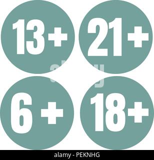 Limit age icon on blue background. Icons age limit from six to twenty-one, vector flat illustration. Stock Vector