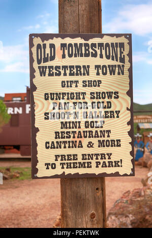 Old Tombstone Wild West Theme Park signpost on E Toughnut St in historic  Tombstone, Arizona Stock Photo