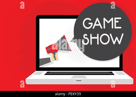 Handwriting text writing Game Show. Concept meaning Program in television or radio with players that win prizes Man holding Megaphone loudspeaker comp Stock Photo