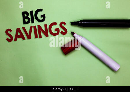 Text sign showing Big Savings. Conceptual photo income not spent or deferred consumption putting money aside Open markers Inspiration communicating id Stock Photo