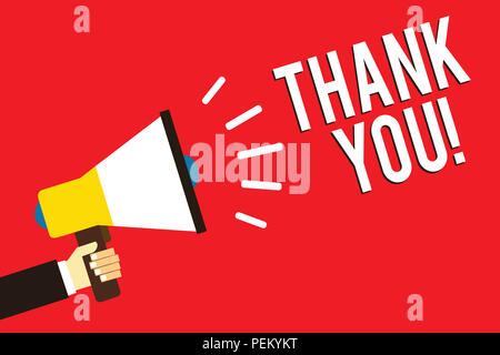 Word writing text Thank You. Business concept for replaying on something good or greetings with pleased way Man holding megaphone loudspeaker red back Stock Photo