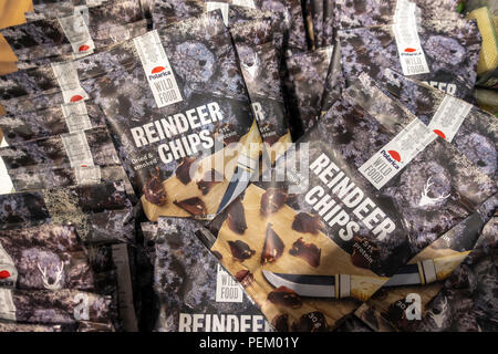 Finnish Lapland food: bags of Reindeer Chips; Reindeer Crisps for sale in Helsinki Finland. Stock Photo