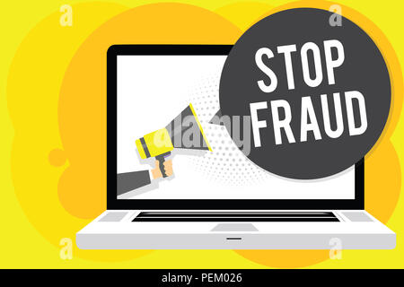 Conceptual hand writing showing Stop Fraud. Business photo showcasing campaign advices people to watch out thier money transactions Man holding Megaph Stock Photo