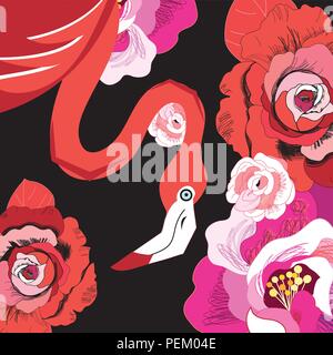 Graphic red flamingo among roses Stock Vector