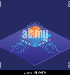 Block chain business concept illustration. Golden box in the computer chip. Flat design. Vector illustration. Stock Vector
