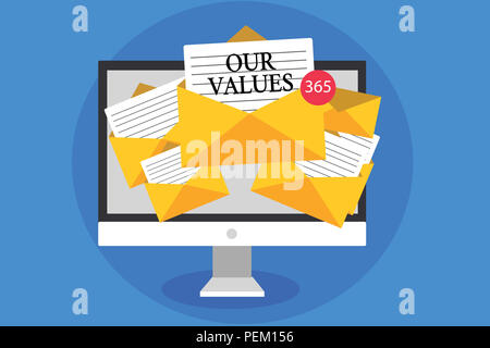 Text sign showing Our Values. Conceptual photo list of morals companies or individuals commit to do them Computer receiving emails important messages  Stock Photo