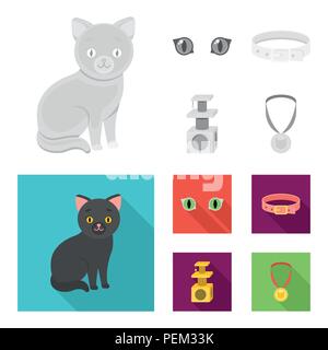 Cat eyes, a collar, a house for a cat, a medal on a ribbon.Cat set collection icons in monochrome,flat style vector symbol stock illustration . Stock Vector
