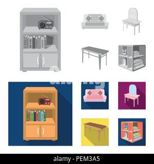 Soft sofa, toilet make-up table, dining table, shelving for laundry and detergent. Furniture and interior set collection icons in monochrome,flat styl Stock Vector