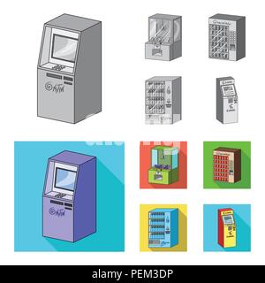 A game machine, a ticket sales terminal, an automaton for selling aqua and chocolate. Terminals set collection icons in monochrome,flat style isometri Stock Vector