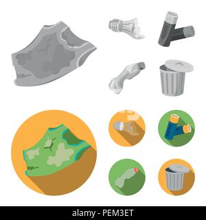 Broken light bulb, used batteries, breaking a plastic bottle, garbage can with a sign.Garbage and trash set collection icons in monochrome,flat style  Stock Vector