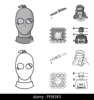 A thief in a mask, a bloody knife, a hostage, an escape from prison.Crime set collection icons in outline,monochrome style vector symbol stock illustr Stock Vector