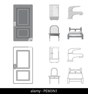 Door, shower cubicle, mirror with drawers, faucet.Furnitureset collection icons in outline,monochrome style vector symbol stock illustration . Stock Vector