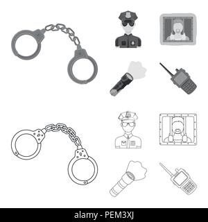 Handcuffs, policeman, prisoner, flashlight.Police set collection icons in outline,monochrome style vector symbol stock illustration . Stock Vector