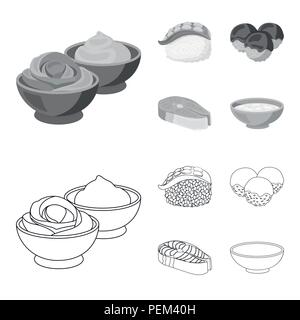 Wasabi sauce and ginger, salmon steak, octopus. Sushi set collection icons in outline,monochrome style vector symbol stock illustration . Stock Vector