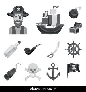 Pirate, sea robber monochrome icons in set collection for design. Treasures, attributes vector symbol stock  illustration. Stock Vector