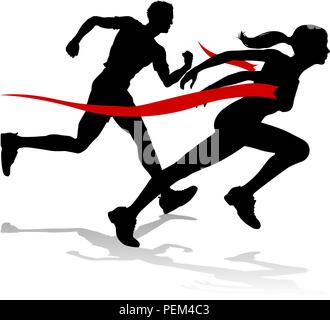 Runner Race Finish Line Track and Field Silhouette Stock Vector