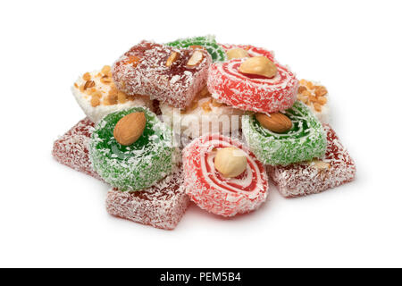 Heap of colorful  sweet Turkish delight isolated on white background Stock Photo