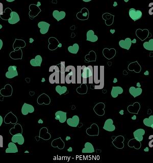 Abstract seamless vector green pattern with hearts. Wallpaper or background for greetings, invitations, manufacture wrapping paper, textile, web design on the black. eps 10 Stock Vector