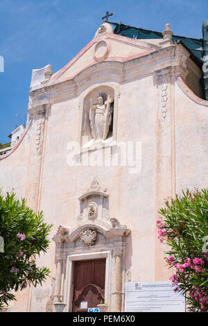 Italy Sicily Monte Tauro famous luxury tourist resort Taormina Church Chiesa di San Giuseppe skull & crossbones statue sculpture under renovation Stock Photo