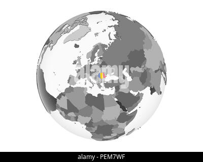 Romania on gray political globe with embedded flag. 3D illustration isolated on white background. Stock Photo