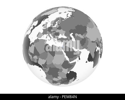 Israel on gray political globe with embedded flag. 3D illustration isolated on white background. Stock Photo