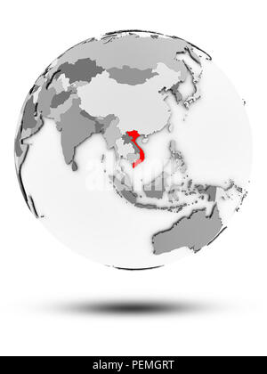 Vietnam on political globe with shadow isolated on white background. 3D ...