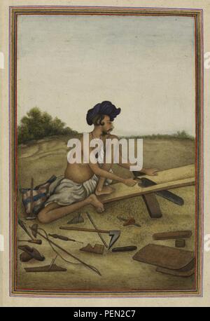 Tashrih al-aqvam, an account of origins and occupations of some of the sects, castes and tribes of India. - caption  'Khati or Tarkhan, carpenter caste of the Panjab. Man sawing a plank.' Stock Photo