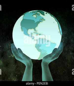 Jamaica on shiny blue globe in hands in space. 3D illustration. Stock Photo