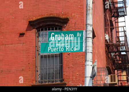 The Avenue of Puerto Rico, or Graham Ave, street signs in Brooklyn, New York. Stock Photo