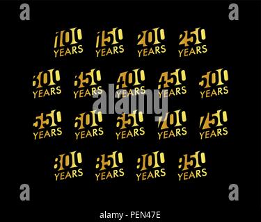 Anniversary vector cursive numbers set. Birthday celebration logo collection. Golden years signs on black background. Jubilee illustration design. Stock Vector