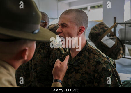 Sergeant Preston T. Brown, India Company, 3rd Recruit Training Battalion, corrects a recruit during pick up at Marine Corps Recruit Depot San Diego, Dec. 18. The drill instructors are teaching the recruits to have discipline and to follow given orders. Annually, more than 17,000 males recruited from the Western Recruiting Region are trained at MCRD San Diego. India Company is scheduled to graduate March 11. Stock Photo