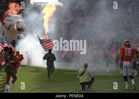 Members of the Colorado National Guard participate in the opening ceremonies for the Salute to Service game between the Denver Broncos and Kansas City Chiefs at Sports Authority Field in Denver, Nov. 15, 2015. The Salute to Service game is one game held every NFL season to recognize past and present service members from each branch of service. (U.S. Army National Guard photo by Sgt. Ray R. Casares/Released) Stock Photo