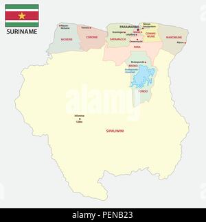 Republic of Suriname administrative and political vector map with flag. Stock Vector