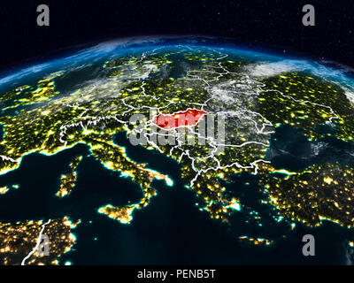 Hungary from space at night on Earth with visible country borders. 3D illustration. Elements of this image furnished by NASA. Stock Photo