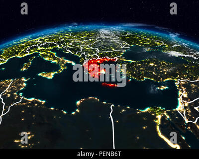 Greece from space at night on Earth with visible country borders. 3D illustration. Elements of this image furnished by NASA. Stock Photo