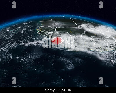 Sierra Leone from space at night on Earth with visible country borders. 3D illustration. Elements of this image furnished by NASA. Stock Photo