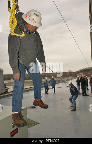 Personnel from the U.S. Army Corps of Engineers, Nashville District, Operations Division conducted fall protection and rescue training at Cheatham Power Plant in Ashland City, Tennessee. The training focused on preventing accidents while working at height, using ropes, harnesses, and safety equipment. Instructors guided participants through exercises at multiple dams including Wolf Creek, Cordell Hull, and Dale Hollow. The session included rope training, inspection procedures, dewatering operations, and authorized rescuer certification to ensure compliance with safety standards. Stock Photo