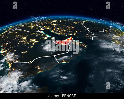 United Arab Emirates from space at night on Earth with visible country borders. 3D illustration. Elements of this image furnished by NASA. Stock Photo