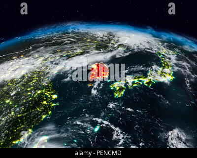 South Korea at night from space with visible country borders. 3D ...