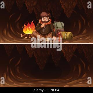 Set of man camping in cave scene illustration Stock Vector