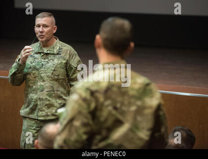 Maj. Gen. Michael D. Lundy, met with Soldiers of 12th Combat Aviation Brigade to discuss the state of Army Aviation, Jan. 4, 2016, at Katterbach Army Airfield. (U.S. Army photo by Sgt. Thomas Mort, 12th CAB) Stock Photo