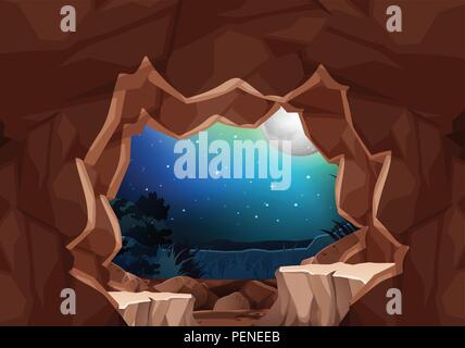 A moonlight cave landscape illustration Stock Vector