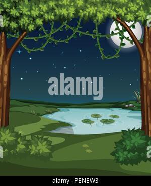A beautiful pond at night illustration Stock Vector