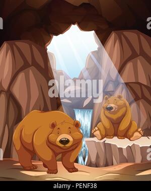 Two happy bears in a cave illustration Stock Vector