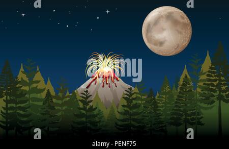 Volcano eruption at night illustration Stock Vector