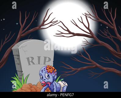 Zombie and tombstone in night scene illustration Stock Vector